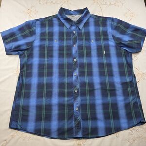 Eddie Bauer‎ Shirt Mens 2XL Blue Plaid Travex Nylon Fishing Button Classic Fit